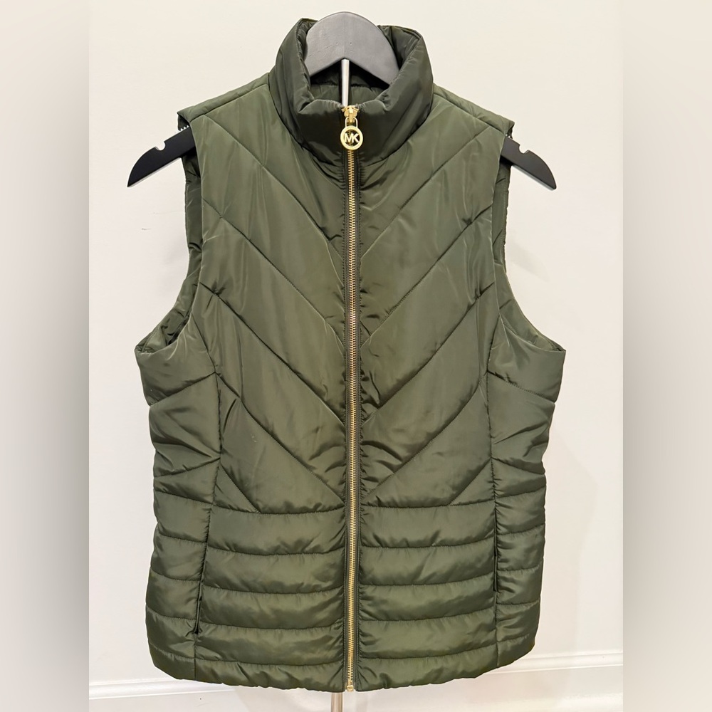 Michael Kors Olive Green Quilted Puffer Vest Gold Zip Small